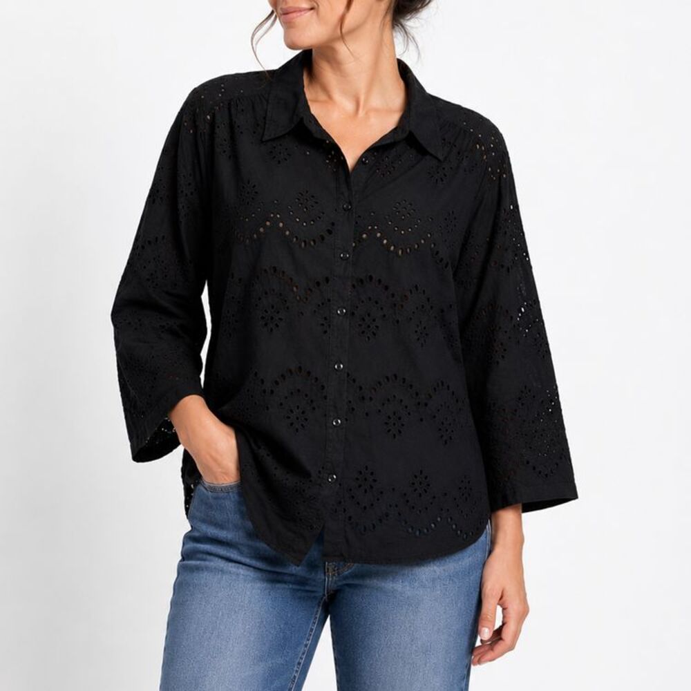 Adiva 2X Black Eyelet Embroidered Cotton Button Front Tunic Blouse Boho Oversize